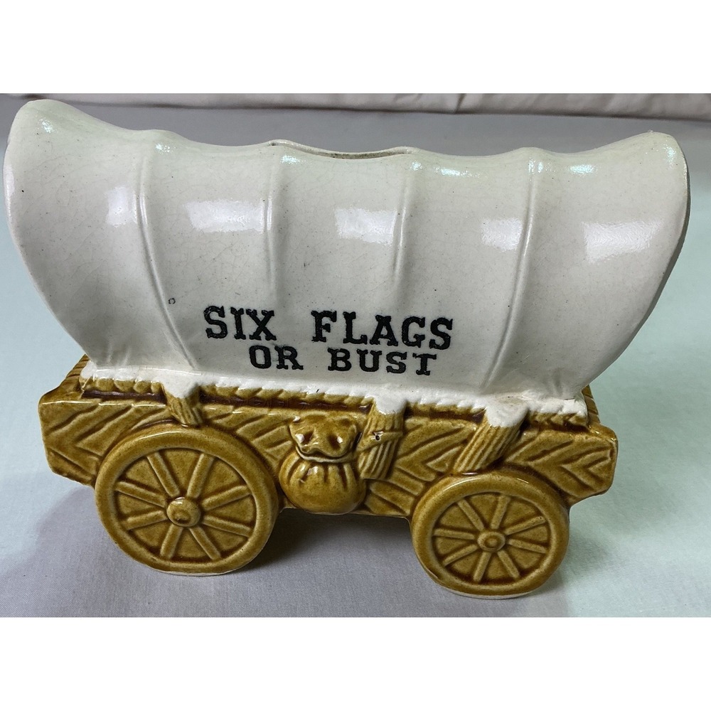 Vintage Six Flags Or Bust Covered Wagon Coin Bank Ceramic‎ Texas Souvenir